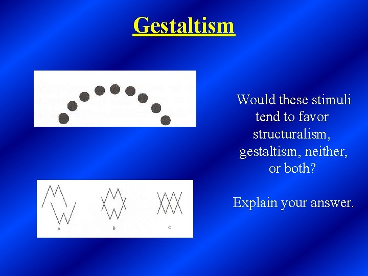 Gestaltism Would these stimuli tend to favor structuralism, gestaltism, neither, or both? Explain your