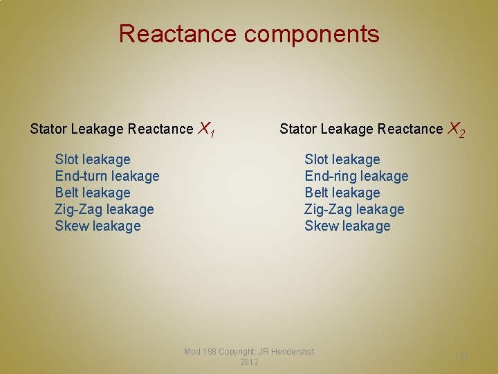 Reactance components Stator Leakage Reactance X 1 Slot leakage End-turn leakage Belt leakage Zig-Zag