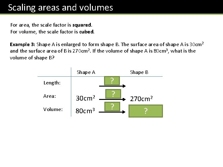 Scaling areas and volumes For area, the scale factor is squared. For volume, the