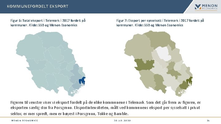 KOMMUNEFORDELT EKSPORT Figur 6: Total eksport i Telemark i 2017 fordelt på kommuner. Kilde: