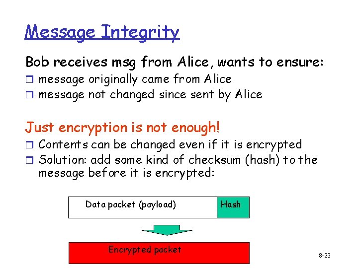 Message Integrity Bob receives msg from Alice, wants to ensure: r message originally came