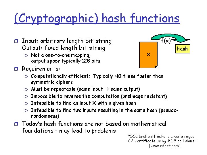 (Cryptographic) hash functions r Input: arbitrary length bit-string Output: fixed length bit-string m Not