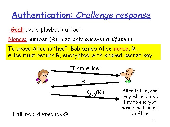 Authentication: Challenge response Goal: avoid playback attack Nonce: number (R) used only once–in-a-lifetime To