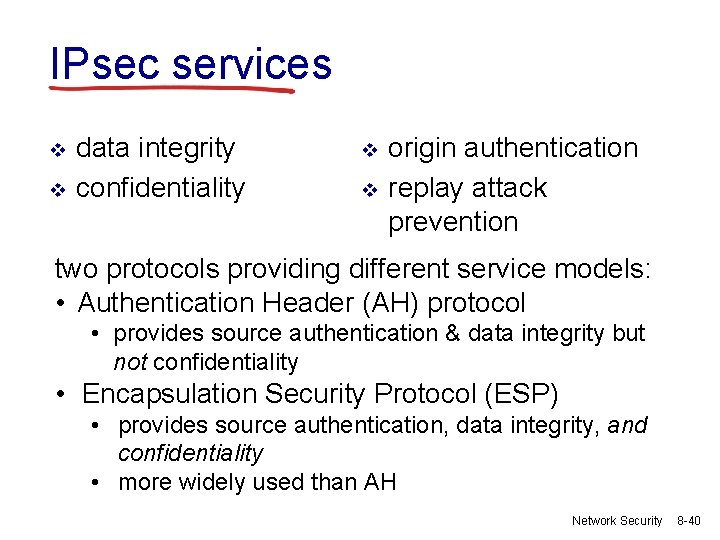 IPsec services v v data integrity confidentiality v v origin authentication replay attack prevention