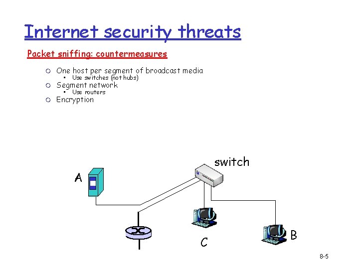 Internet security threats Packet sniffing: countermeasures m One host per segment of broadcast media