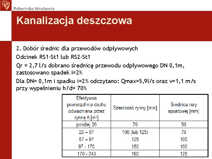 Kanalizacja deszczowa 2. Dobór średnic dla przewodów odpływowych Odcinek RS 1 -St 1 lub