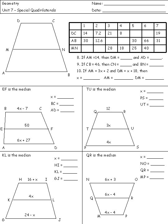 Geometry Name: _____________ Unit 7 – Special Quadrilaterals Date: ______________ D C M 1