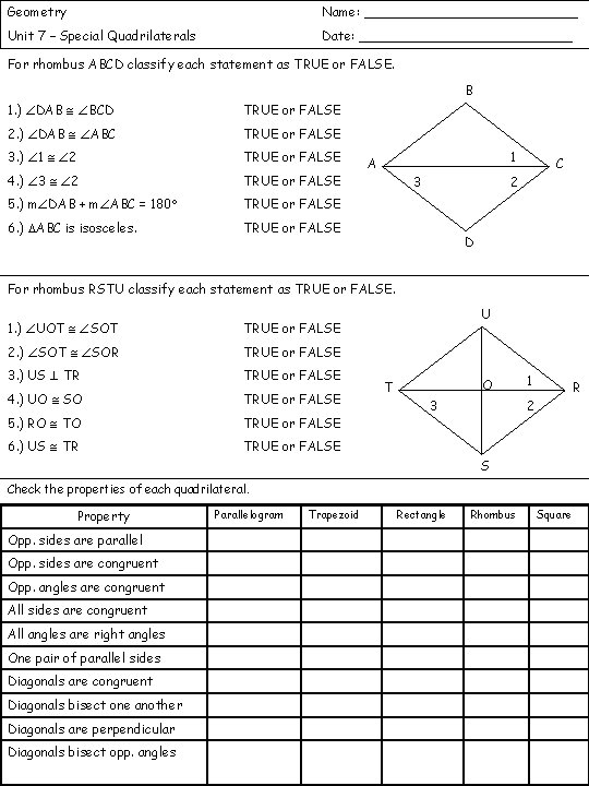 Geometry Name: _____________ Unit 7 – Special Quadrilaterals Date: _____________ For rhombus ABCD classify