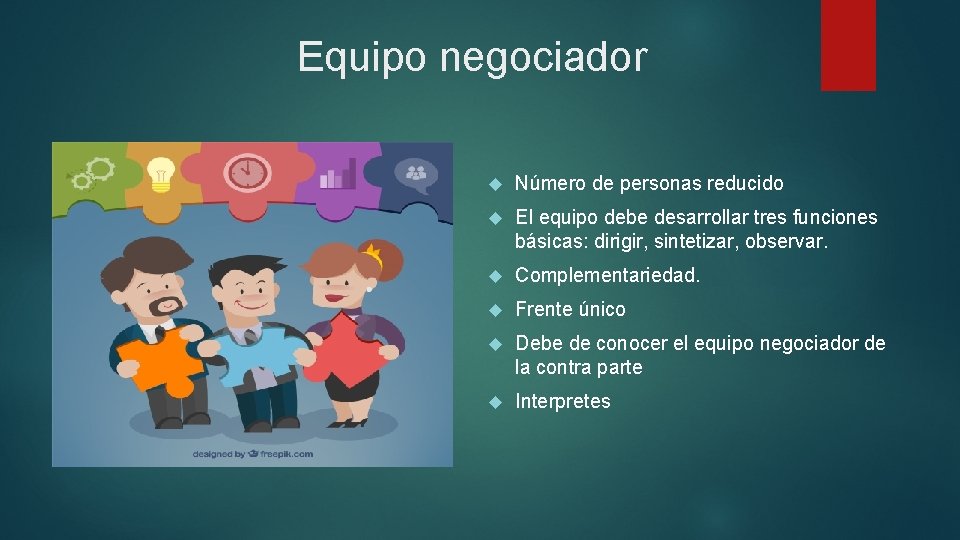 Equipo negociador Número de personas reducido El equipo debe desarrollar tres funciones básicas: dirigir,