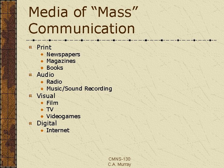 Media of “Mass” Communication Print Newspapers Magazines Books Audio Radio Music/Sound Recording Visual Film