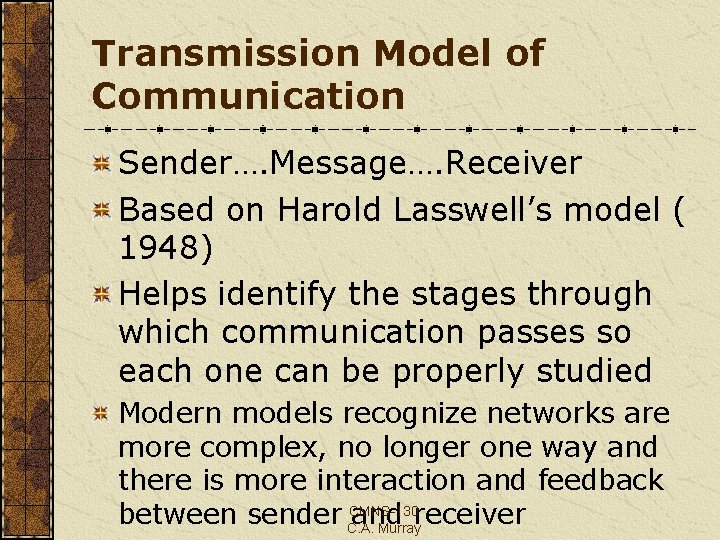 Transmission Model of Communication Sender…. Message…. Receiver Based on Harold Lasswell’s model ( 1948)