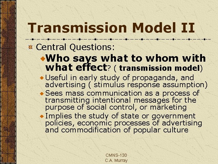Transmission Model II Central Questions: Who says what to whom with what effect? (