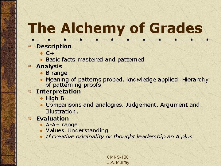 The Alchemy of Grades Description C+ Basic facts mastered and patterned Analysis B range