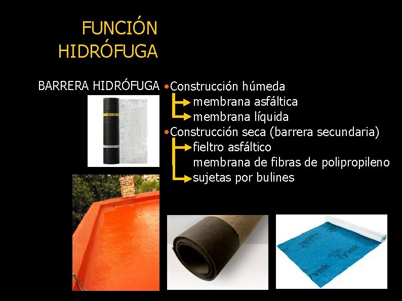 FUNCIÓN HIDRÓFUGA BARRERA HIDRÓFUGA • Construcción húmeda membrana asfáltica membrana líquida • Construcción seca