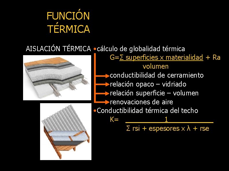 FUNCIÓN TÉRMICA AISLACIÓN TÉRMICA • cálculo de globalidad térmica G=Σ superficies x materialidad +