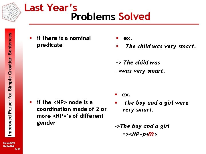 Improved Parser for Simple Croatian Sentences Last Year’s Problems Solved Noo. J 2010 Komotini