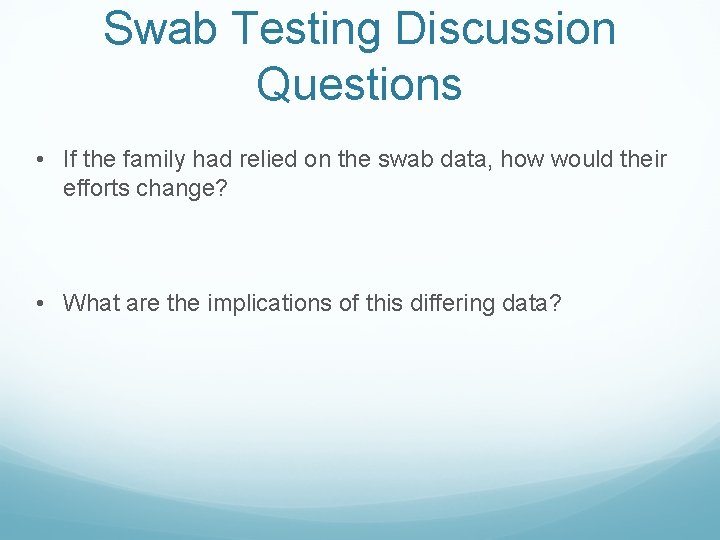 Swab Testing Discussion Questions • If the family had relied on the swab data,