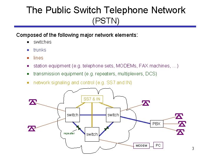 The Public Switch Telephone Network (PSTN) Composed of the following major network elements: ·