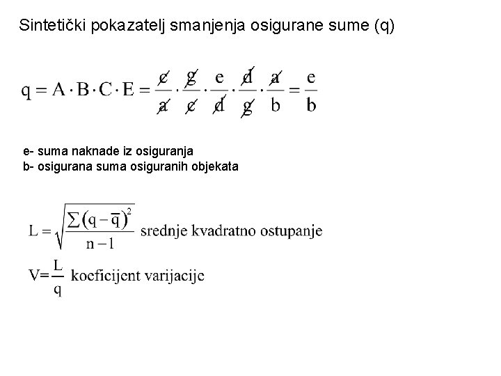 Sintetički pokazatelj smanjenja osigurane sume (q) e- suma naknade iz osiguranja b- osigurana suma