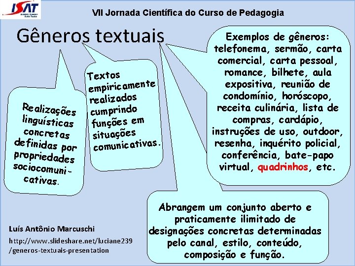 VII Jornada Científica do Curso de Pedagogia Gêneros textuais Realizaçõe s linguísticas concretas definidas