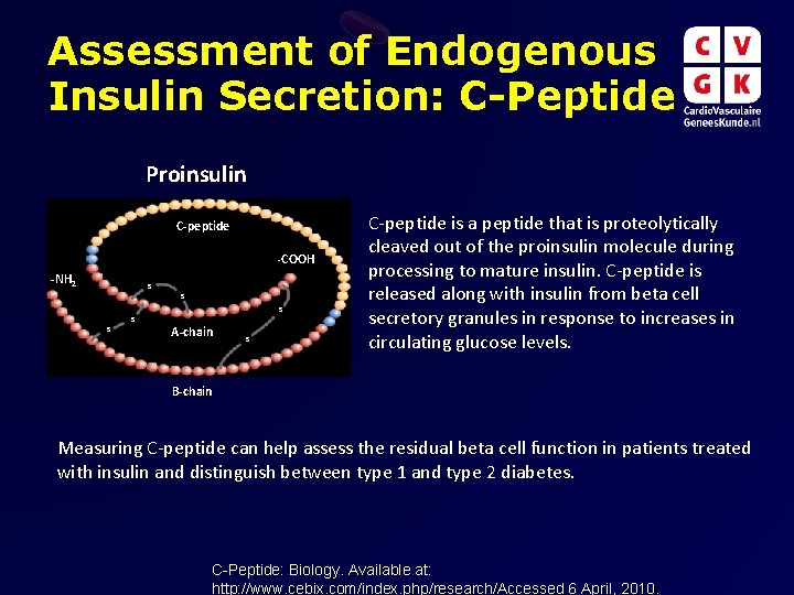 Assessment of Endogenous Insulin Secretion: C-Peptide Proinsulin C-peptide -COOH -NH 2 S S S