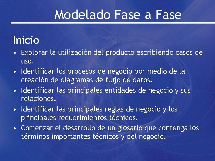 Modelado Fase a Fase Inicio • Explorar la utilización del producto escribiendo casos de
