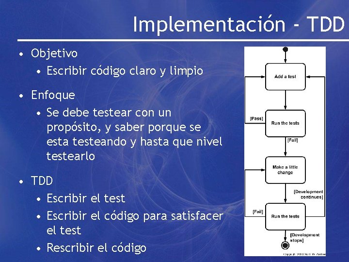 Implementación - TDD • Objetivo • Escribir código claro y limpio • Enfoque •