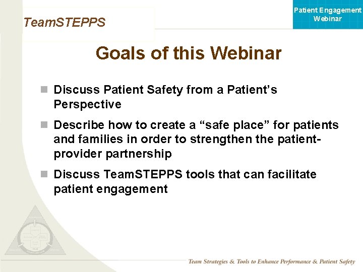 Patient Engagement Webinar Team. STEPPS Goals of this Webinar n Discuss Patient Safety from
