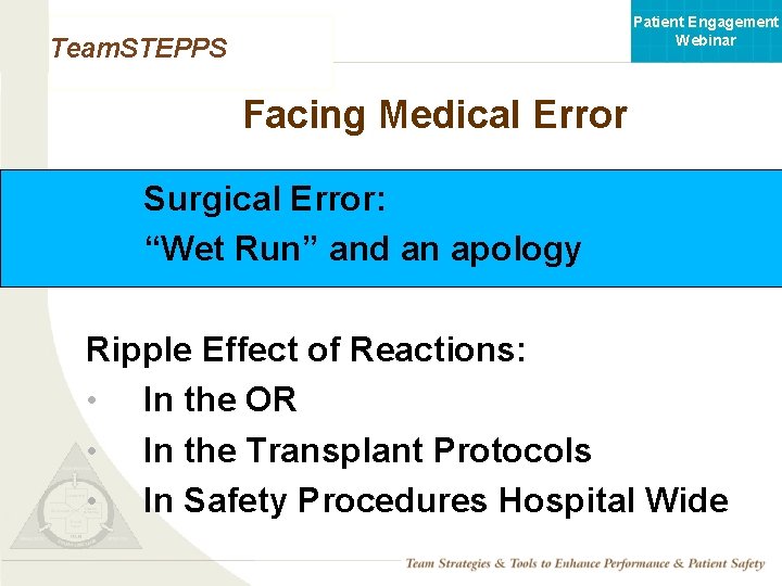 Patient Engagement Webinar Team. STEPPS Facing Medical Error Surgical Error: “Wet Run” and an