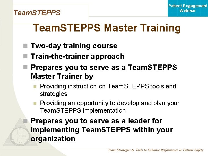 Patient Engagement Webinar Team. STEPPS Master Training n Two-day training course n Train-the-trainer approach