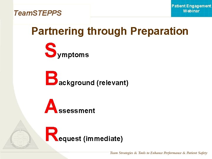 Patient Engagement Webinar Team. STEPPS Partnering through Preparation S B A R ymptoms Mod