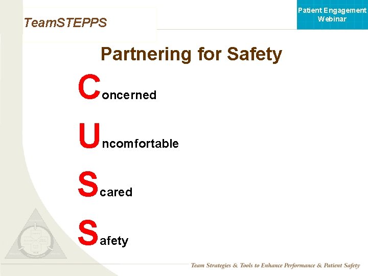 Patient Engagement Webinar Team. STEPPS Partnering for Safety C U S S oncerned ncomfortable