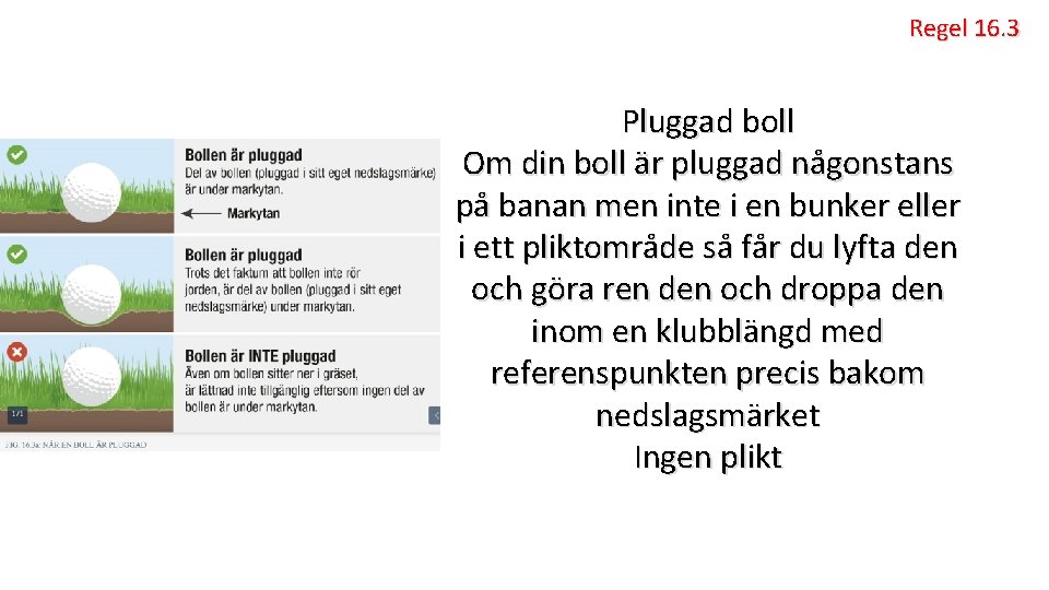 Regel 16. 3 Pluggad boll Om din boll är pluggad någonstans på banan men