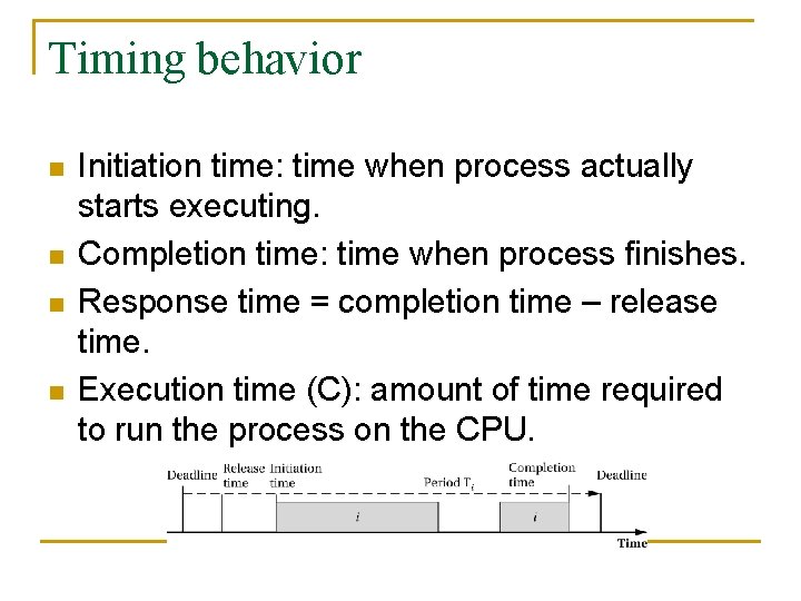 Timing behavior n n Initiation time: time when process actually starts executing. Completion time: