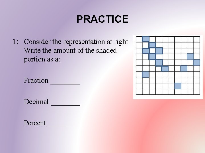 PRACTICE 1) Consider the representation at right. Write the amount of the shaded portion