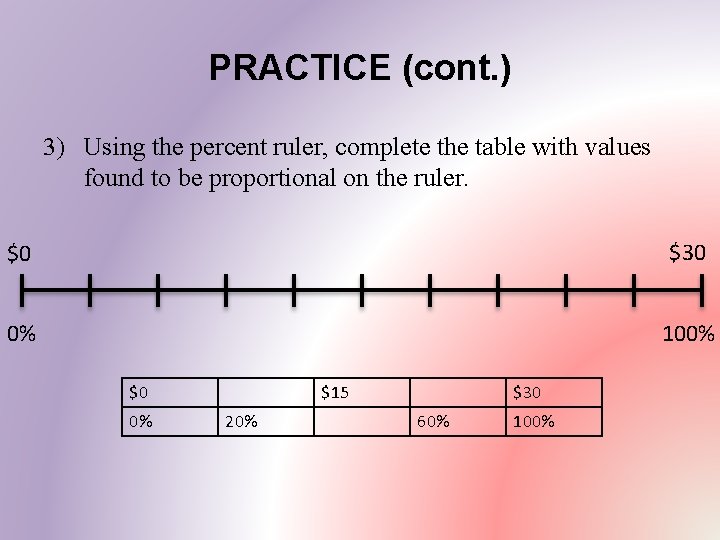 PRACTICE (cont. ) 3) Using the percent ruler, complete the table with values found