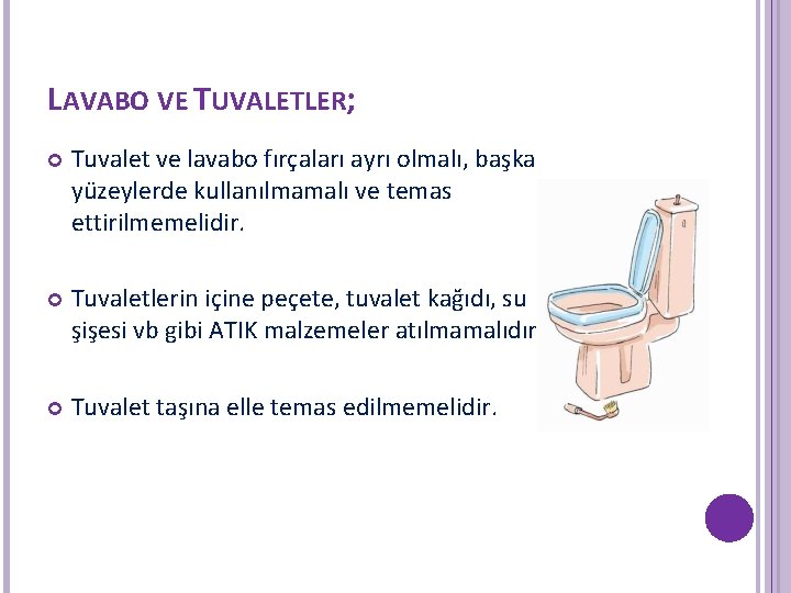 LAVABO VE TUVALETLER; Tuvalet ve lavabo fırçaları ayrı olmalı, başka yüzeylerde kullanılmamalı ve temas LAVABO VE TUVALETLER; Tuvalet ve lavabo fırçaları ayrı olmalı, başka yüzeylerde kullanılmamalı ve temas