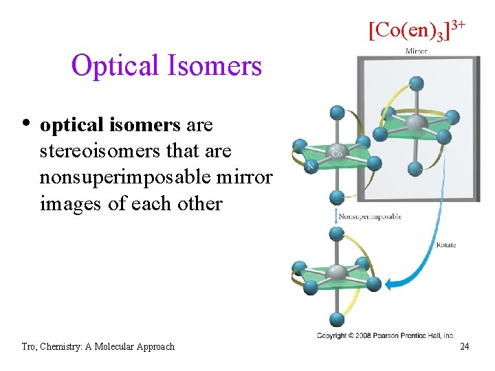 [Co(en)3]3+ Optical Isomers • optical isomers are stereoisomers that are nonsuperimposable mirror images of