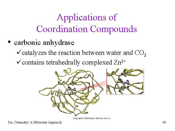Applications of Coordination Compounds • carbonic anhydrase ücatalyzes the reaction between water and CO