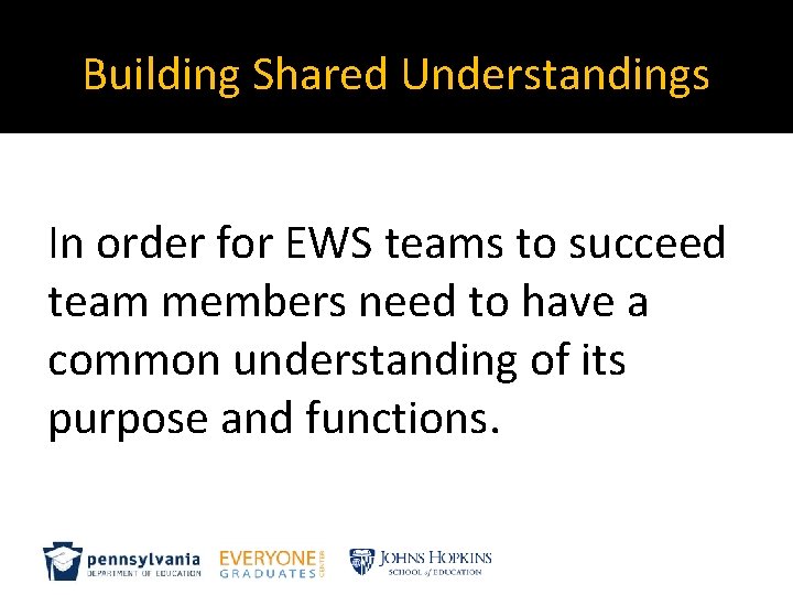 Building Shared Understandings In order for EWS teams to succeed team members need to Building Shared Understandings In order for EWS teams to succeed team members need to