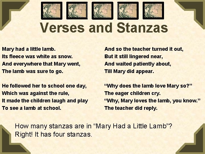 Verses and Stanzas Mary had a little lamb. Its fleece was white as snow.
