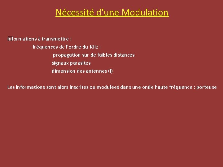 Nécessité d'une Modulation Informations à transmettre : � - fréquences de l'ordre du KHz