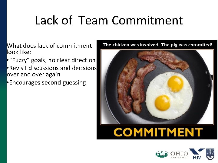 Lack of Team Commitment What does lack of commitment look like: • “Fuzzy” goals,