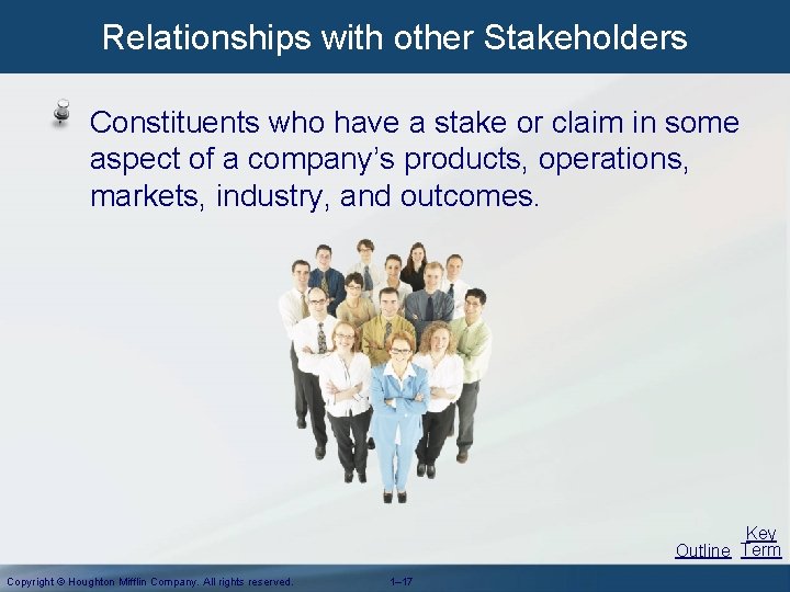 Relationships with other Stakeholders Constituents who have a stake or claim in some aspect Relationships with other Stakeholders Constituents who have a stake or claim in some aspect