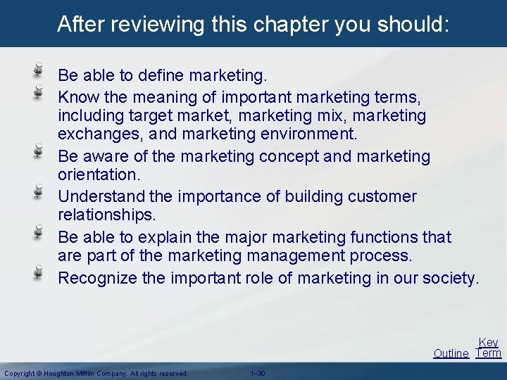 After reviewing this chapter you should: Be able to define marketing. Know the meaning After reviewing this chapter you should: Be able to define marketing. Know the meaning