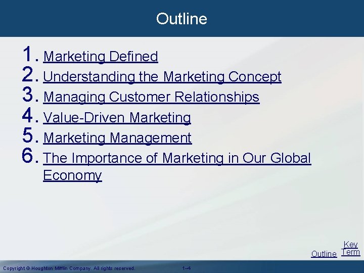 Outline 1. Marketing Defined 2. Understanding the Marketing Concept 3. Managing Customer Relationships 4. Outline 1. Marketing Defined 2. Understanding the Marketing Concept 3. Managing Customer Relationships 4.