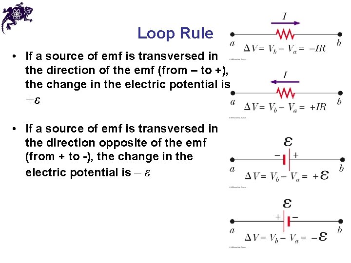 Loop Rule • If a source of emf is transversed in the direction of