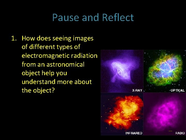 Pause and Reflect 1. How does seeing images of different types of electromagnetic radiation
