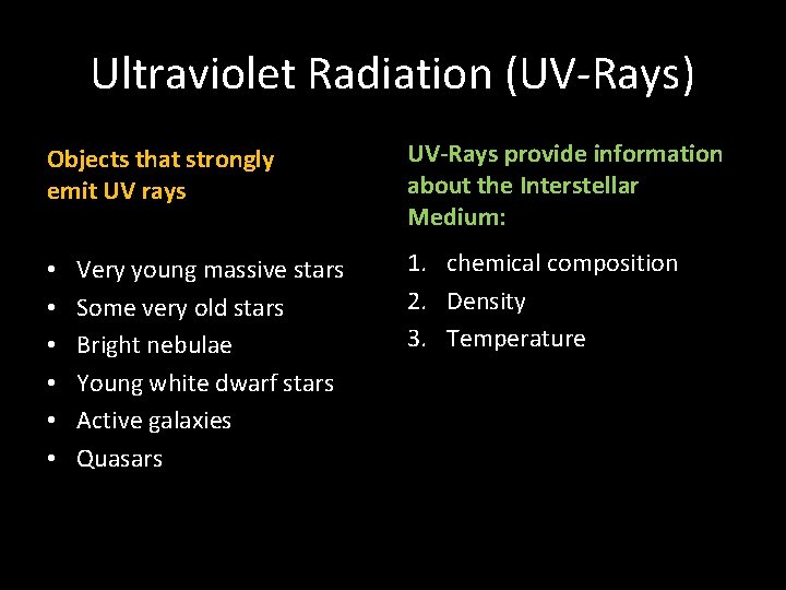 Ultraviolet Radiation (UV-Rays) Objects that strongly emit UV rays • • • Very young