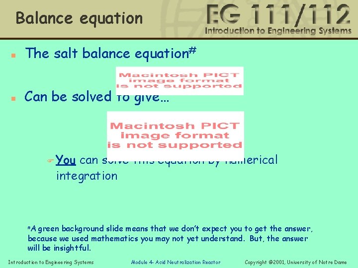 Balance equation n The salt balance equation# n Can be solved to give… F